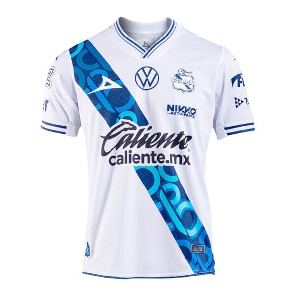 White soccer jersey with blue and black details.