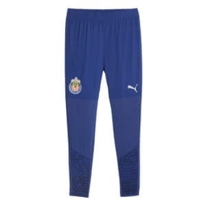 Blue soccer team training pants with logo.