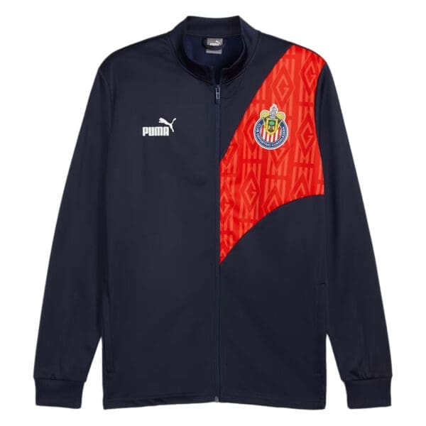 Navy blue Puma soccer jacket with red accents.