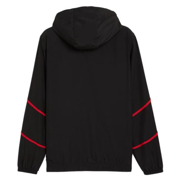 Black hooded jacket with red accents.