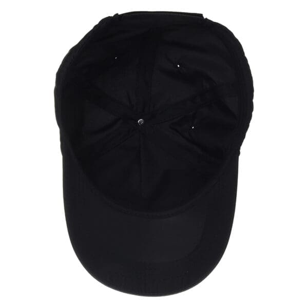 Black baseball cap with a flat brim.