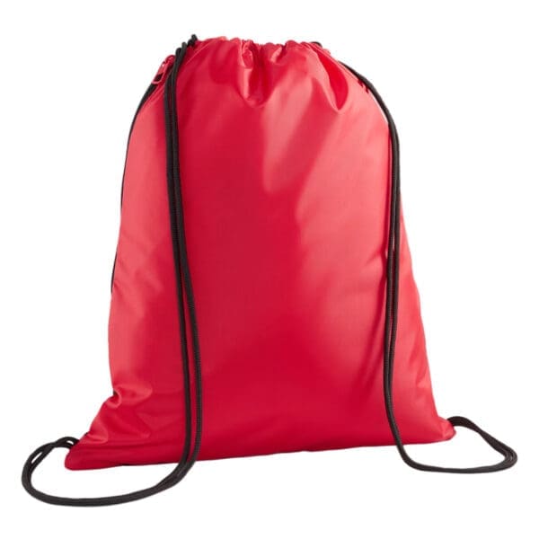 Red drawstring bag with black cords.