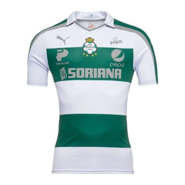 Santos Laguna soccer jersey, white and green.