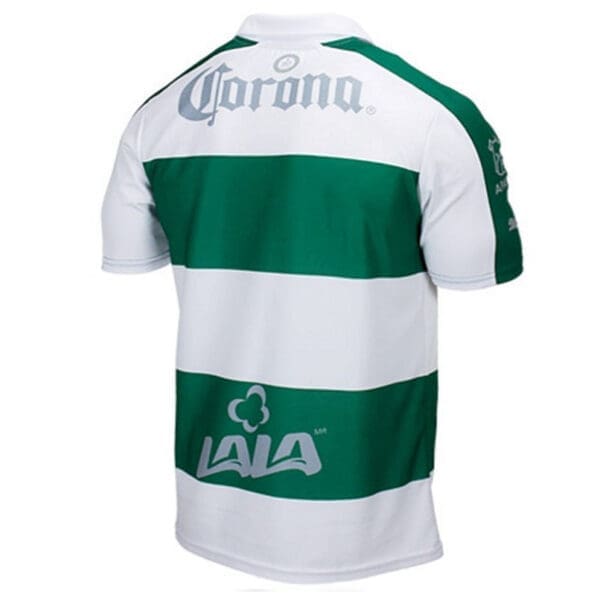 White and green striped soccer jersey.