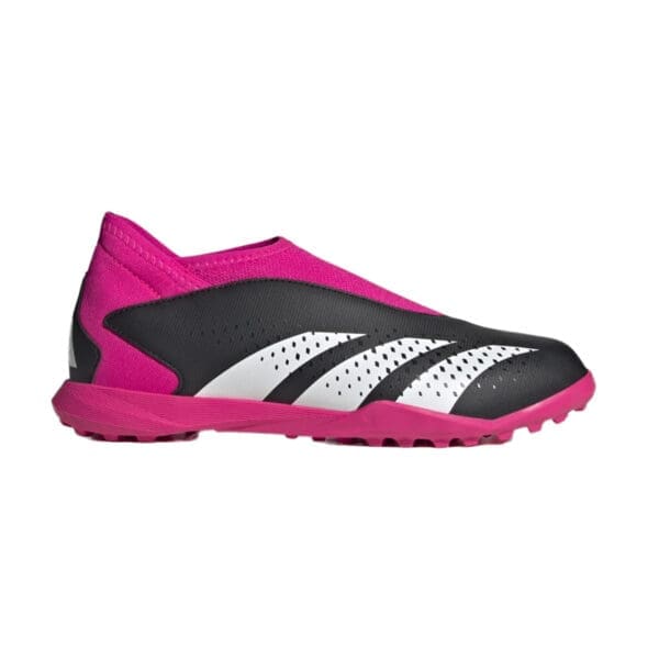 Pink and black Adidas soccer shoe.