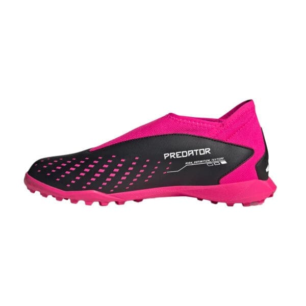 Pink and black Adidas Predator soccer shoe.