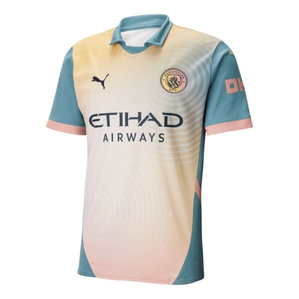 Manchester City soccer jersey with Etihad Airways sponsor.