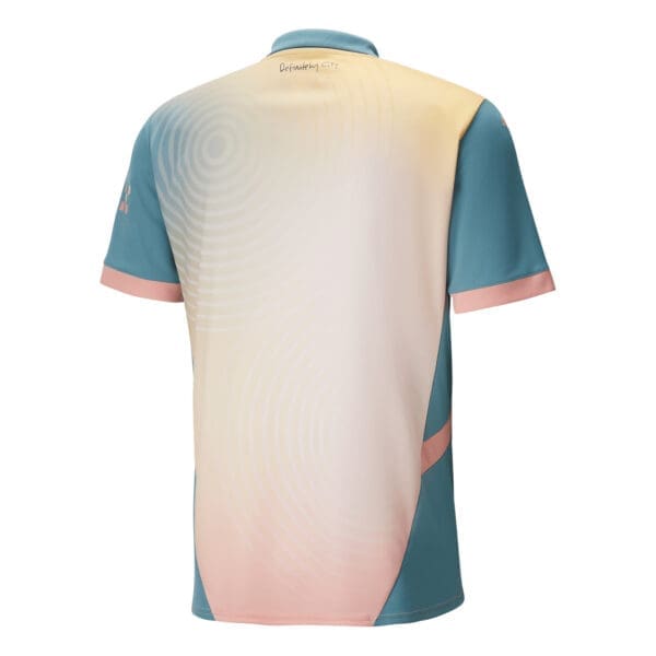 Blue and pink sports jersey with circles.