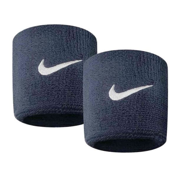 Two blue Nike wristbands with white swoosh logo.