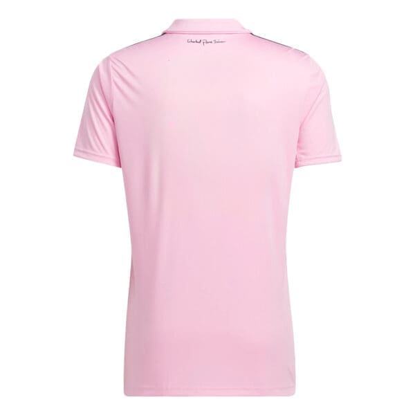 Pink polo shirt with black trim.