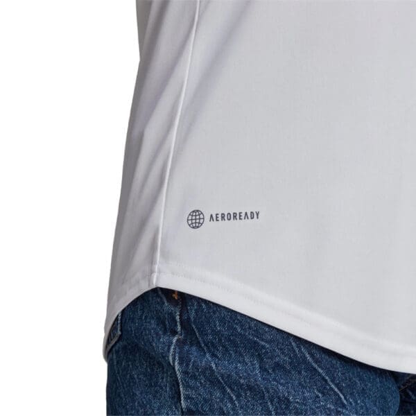 White Adidas shirt with Aeroready logo.