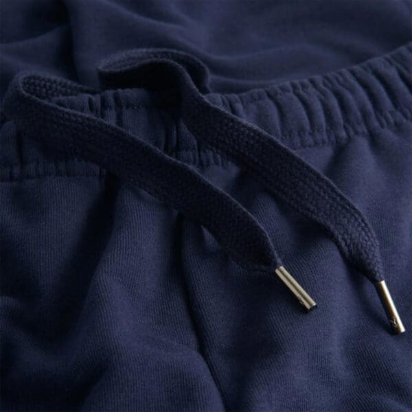 Close-up of blue sweatpants with drawstring.