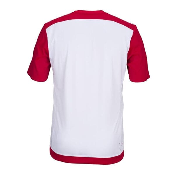 White and red soccer jersey back view.