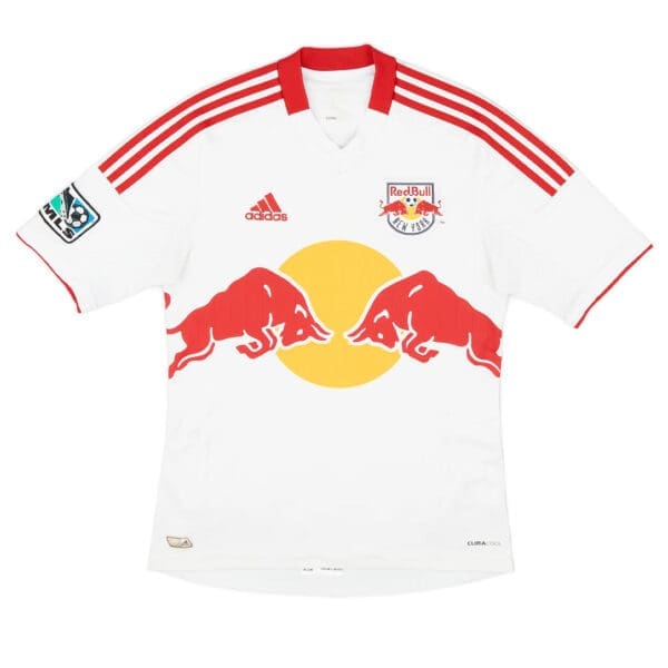 White New York Red Bulls soccer jersey.