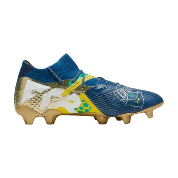 Blue and gold soccer cleats with white logo.