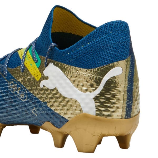 Blue and gold Puma soccer cleats.