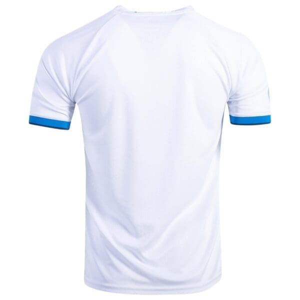 White short-sleeved t-shirt with blue trim.