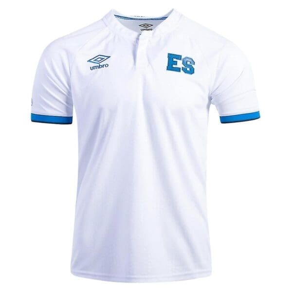 White soccer jersey with blue accents.