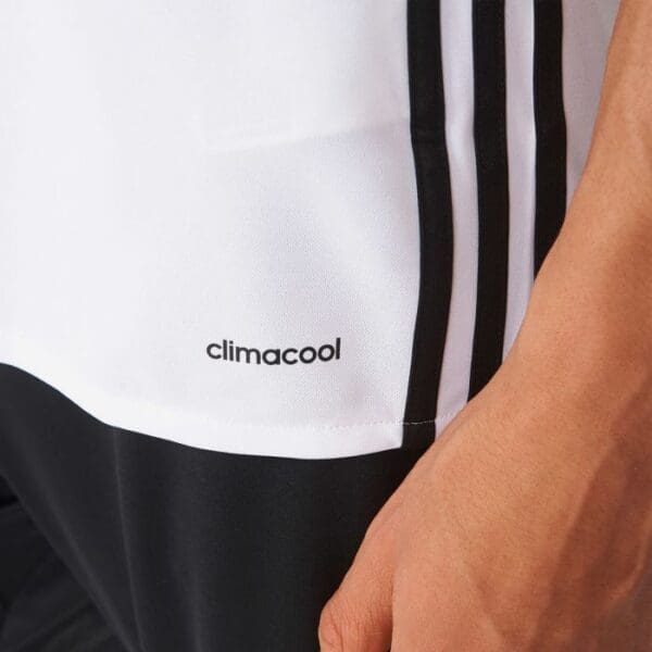 White Adidas Climacool shirt with black stripes.