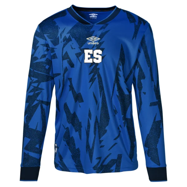 Blue soccer jersey with abstract design.