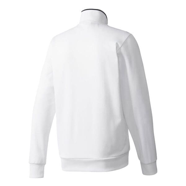 White zippered sweatshirt with long sleeves.