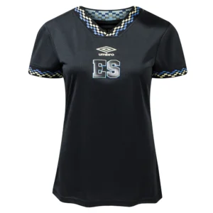 Black and blue soccer jersey with "ES" logo.