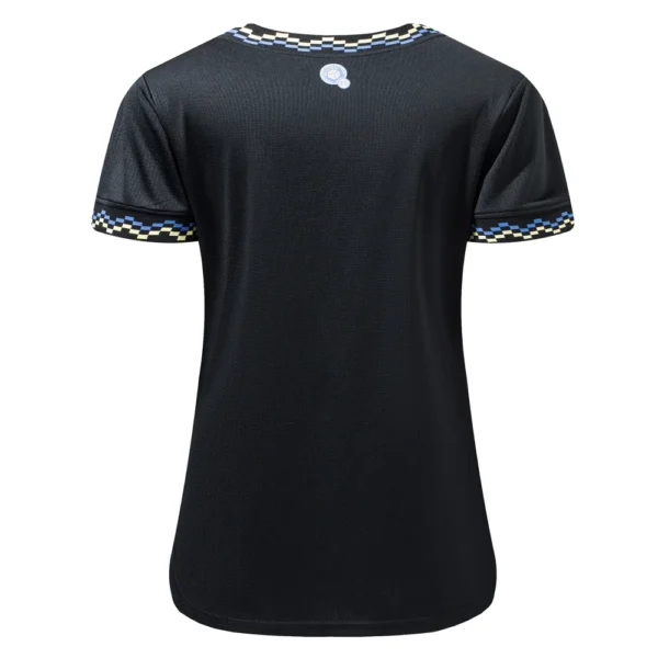 Black short sleeve jersey with checkered trim.