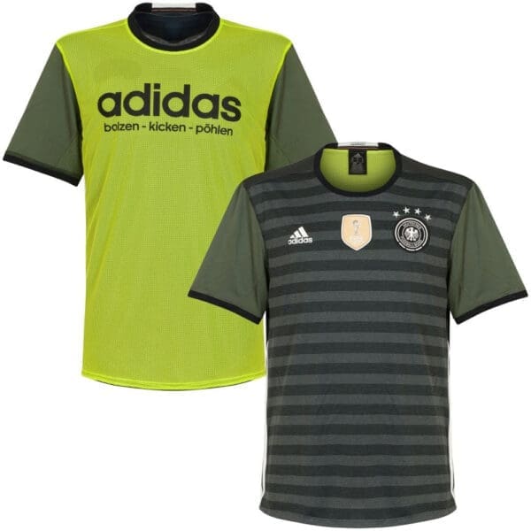 Two Adidas soccer jerseys, green and yellow.