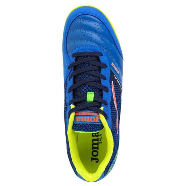 Blue and yellow Joma indoor soccer shoe.