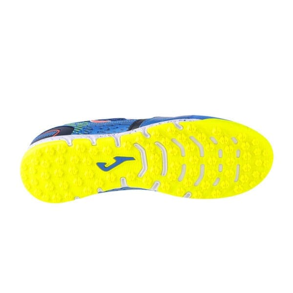 Blue and yellow soccer shoe sole.