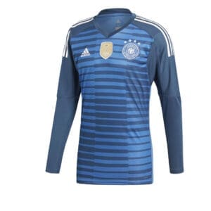 Germany Adidas blue striped goalkeeper jersey.