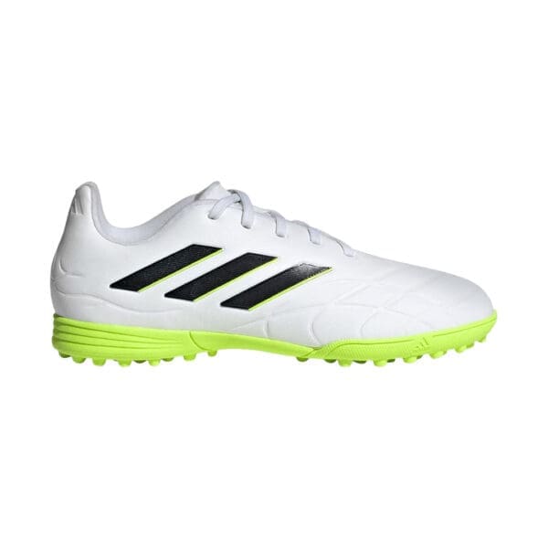 White Adidas soccer cleats with black stripes.