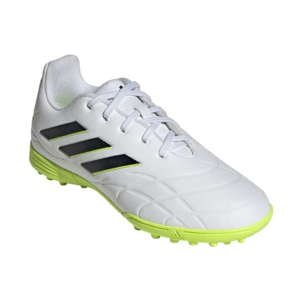 White Adidas soccer cleats with black stripes.