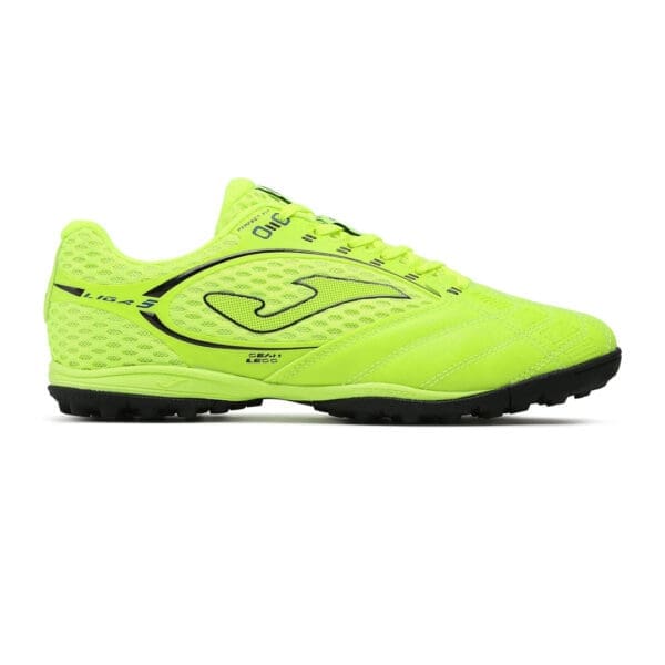 Neon green soccer shoe with black accents.