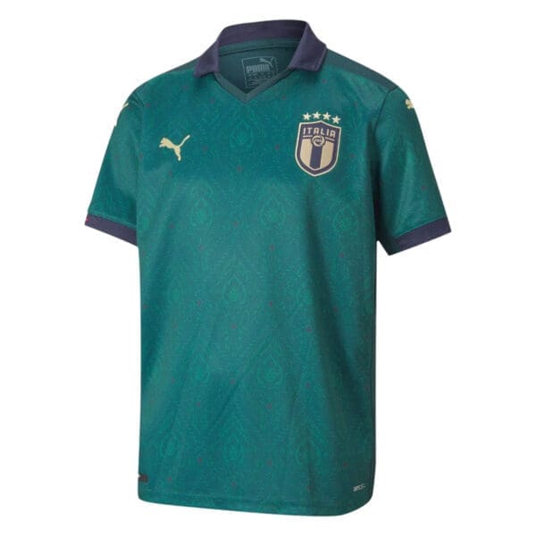 Italy soccer jersey with green and gold pattern.