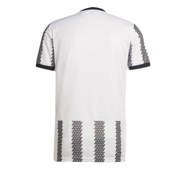 White soccer jersey with black stripes.