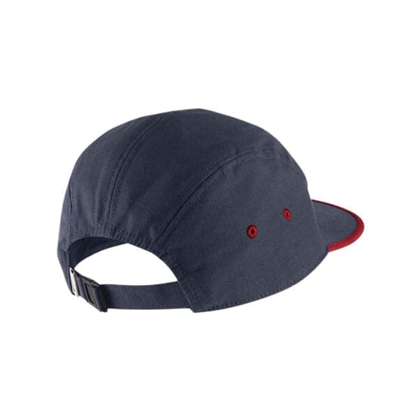 Blue and red baseball cap back view.