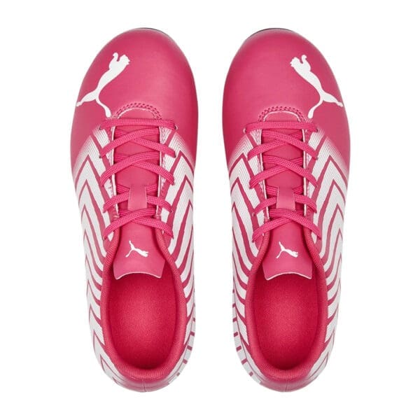 Pink and white Puma soccer cleats.