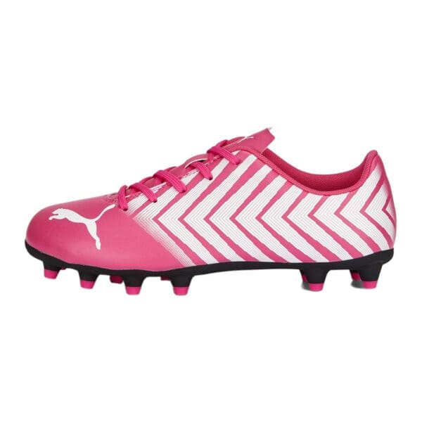 Pink and white Puma soccer cleats.