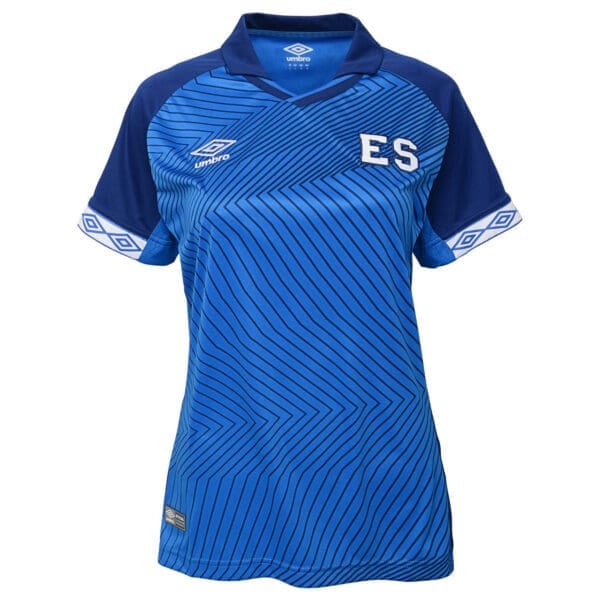 Blue and black striped soccer jersey with "ES"