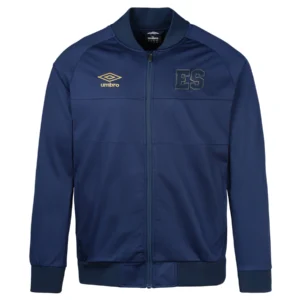 Navy blue zip-up jacket with gold logo.