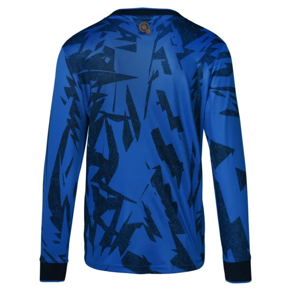 Blue long-sleeve shirt with black pattern.