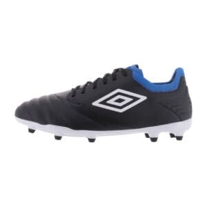 Black and blue football boot with white logo.