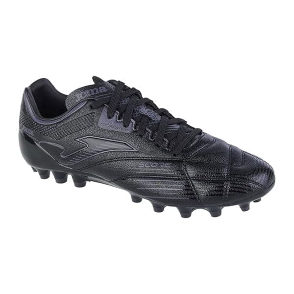 Black soccer cleats with black laces.