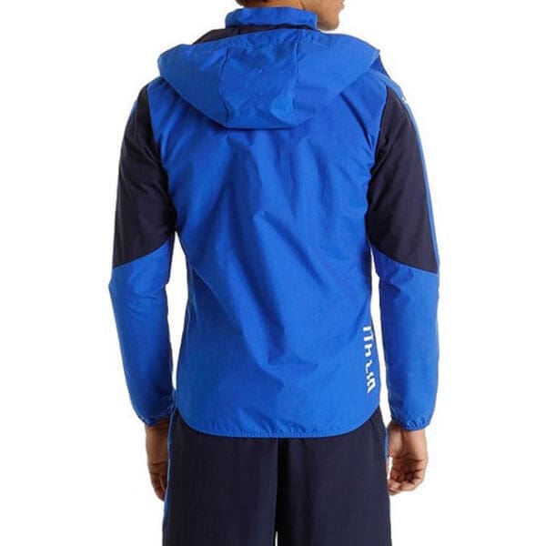 Blue hooded jacket with white logo.