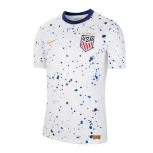 White USA soccer jersey with blue splatter.