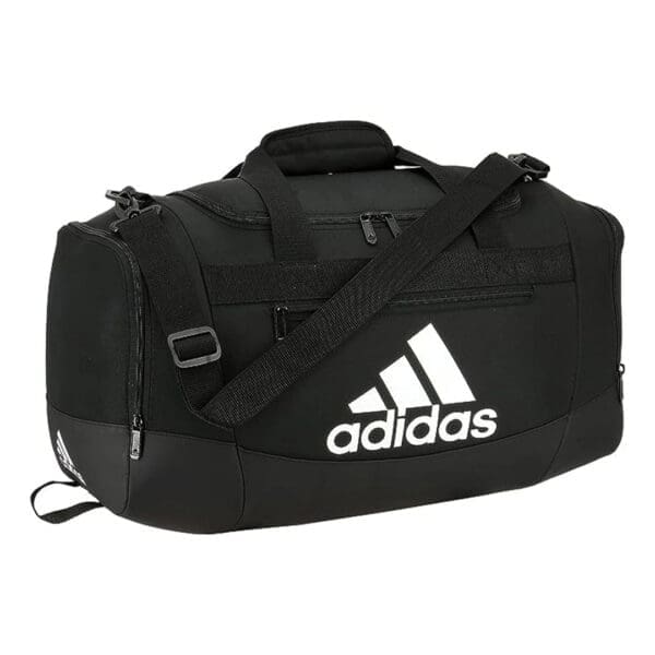 Black Adidas duffel bag with white logo.