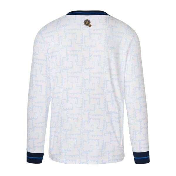 White long-sleeve shirt with geometric pattern.