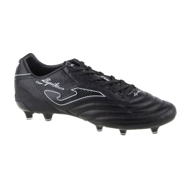 Black leather soccer cleats with studs.