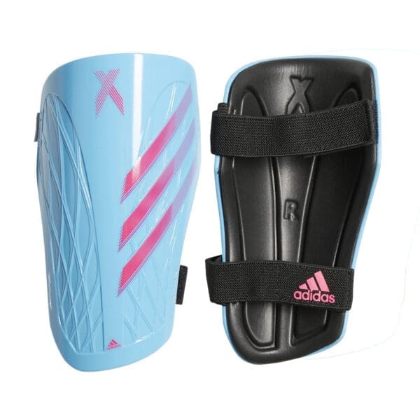 Blue and black Adidas shin guards.